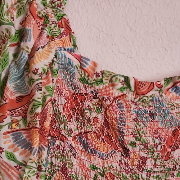 FARM Rio Pink Floral Macaw Print Puff Sleeve Midi Dress Size M - Picture 7 of 17